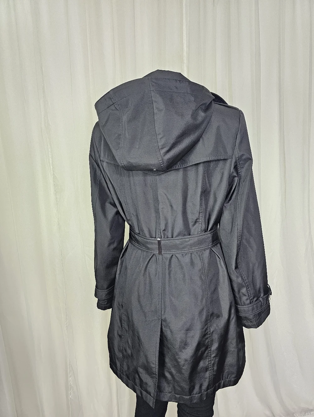 Calvin Klein Black Belted Hooded Lightweight Trench Coat Raincoat Medium - Picture 6 of 14